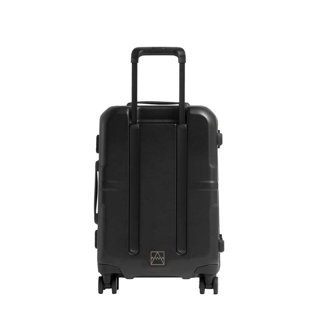 A black hard-shell spinner suitcase with an extended telescoping handle and four wheels, shown from the rear three-quarter view against a solid white background.