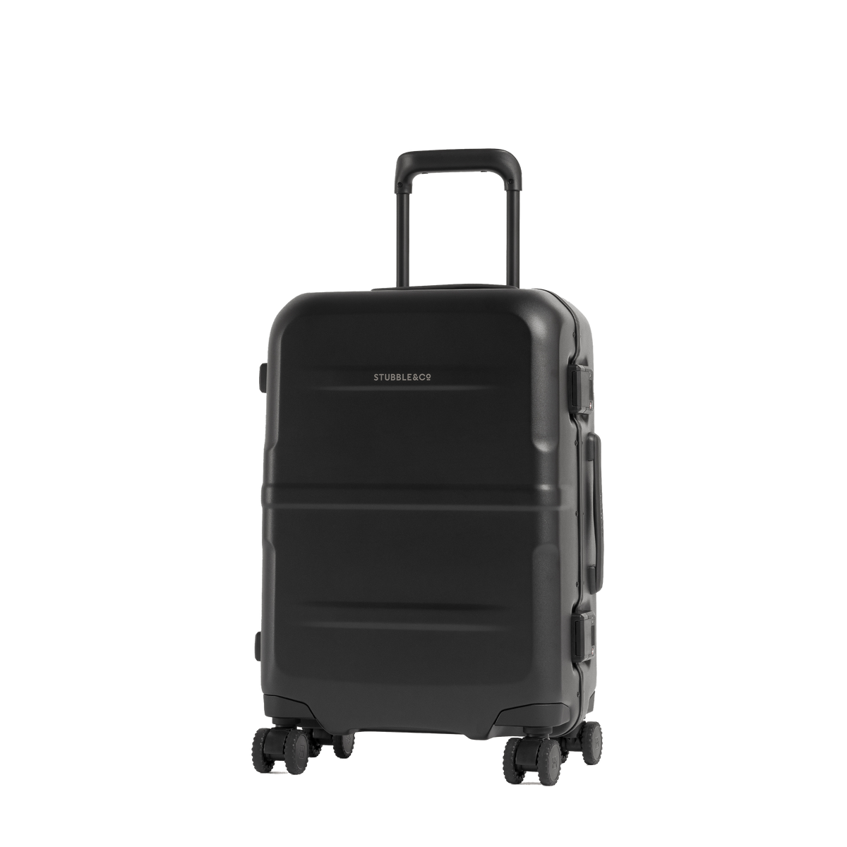 A black hard-shell spinner suitcase with an extended black telescoping handle, shown on a plain white background.