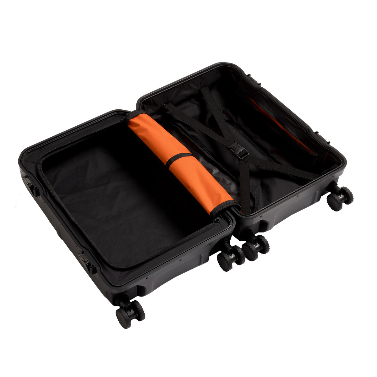 An open black hard-shell suitcase with four spinner wheels, showing a black interior organizer with a orange divider, photographed on a solid white background.