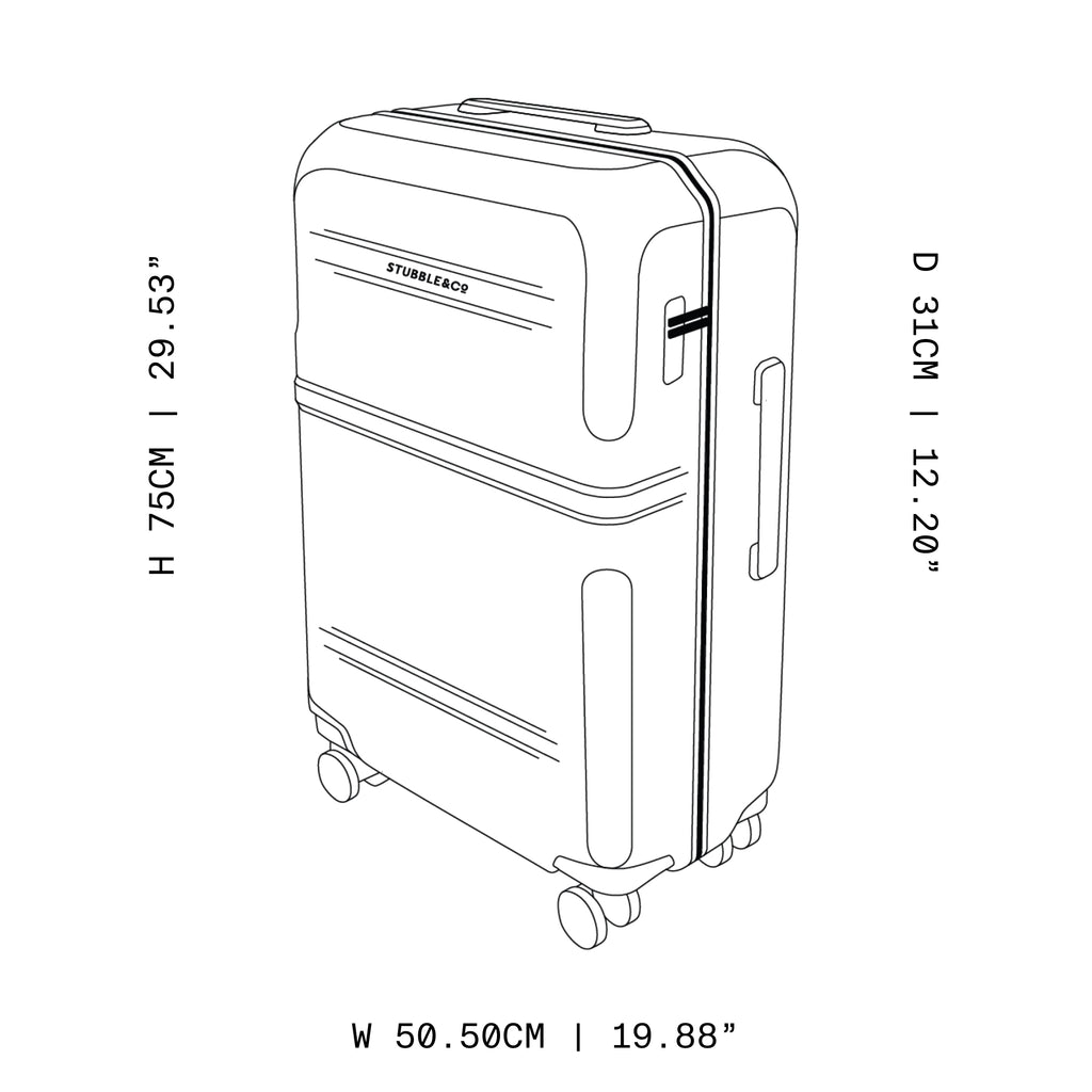 Black and white line drawing of a hard-shell suitcase with dimension labels showing height 75CM, width 50.50CM, and depth 31CM.
