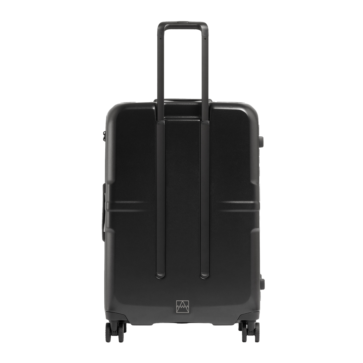 A black hard-shell spinner suitcase with an extended telescoping handle, shown from the back on a solid white background.