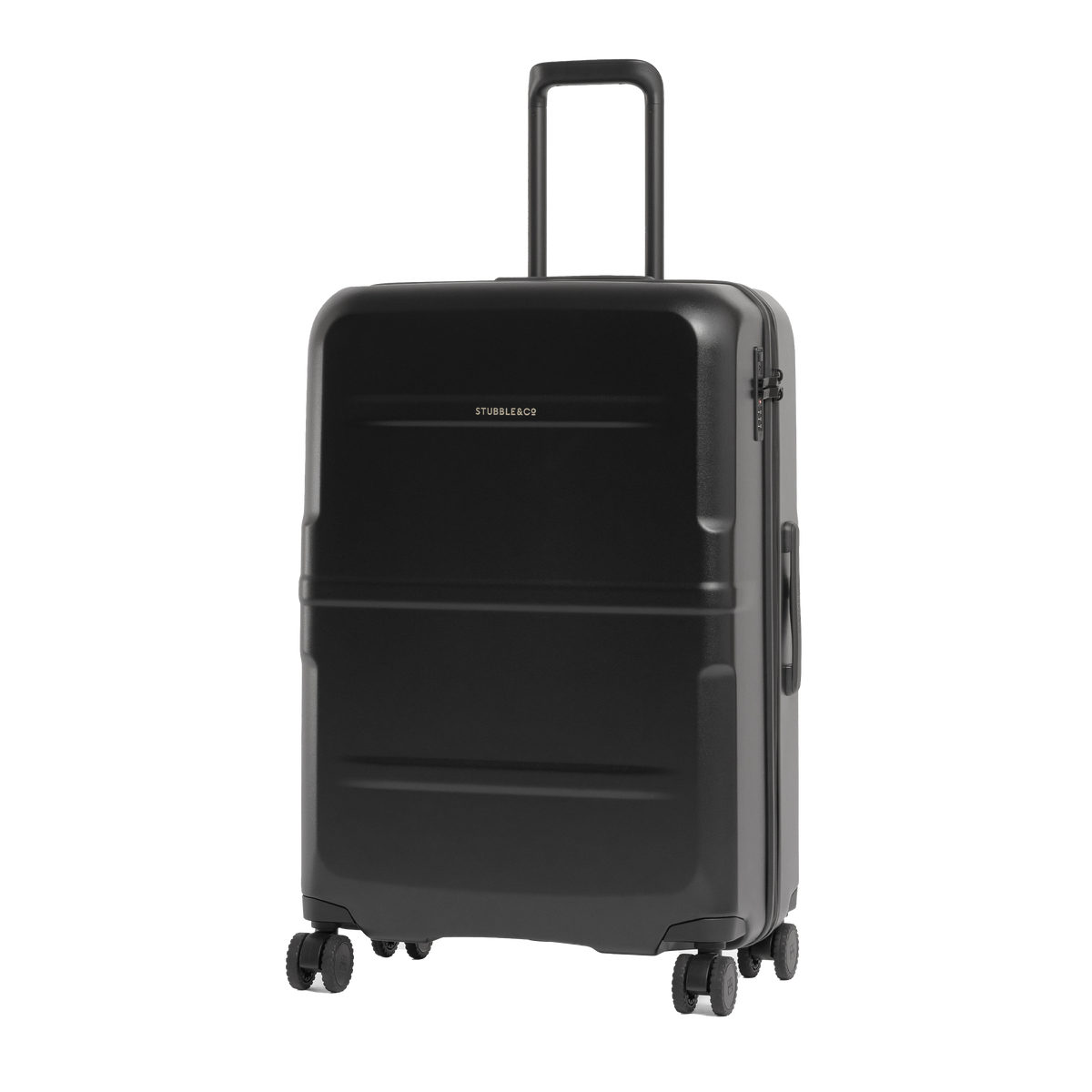 A black hard-shell spinner suitcase with an extended black telescoping handle, shown on a clean white background.