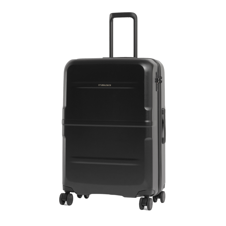 A black hard-shell spinner suitcase with an extended black telescoping handle, shown on a clean white background.