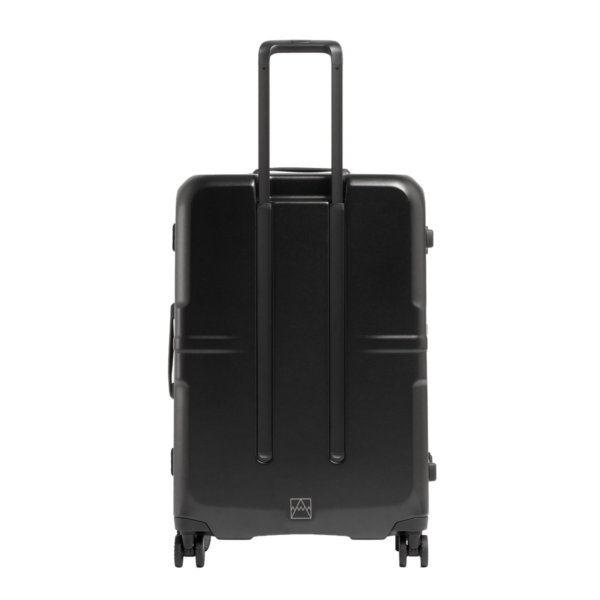 A black hard-shell spinner suitcase with an extended telescoping handle, shown from the front against a solid white background.