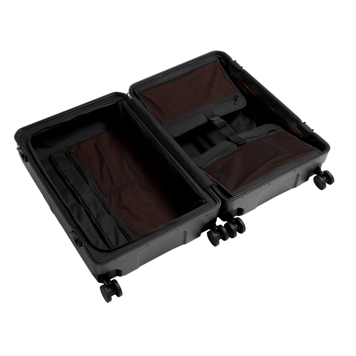 An open black hard-shell suitcase with orange interior organizer pockets and compartments, shown on a plain white background.