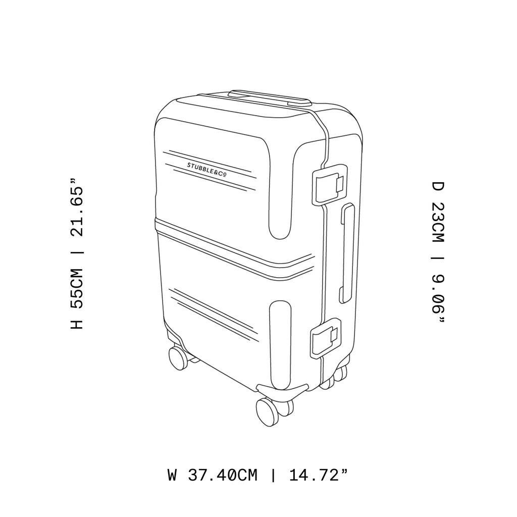 Black line drawing of a hard-shell suitcase with dimension labels.