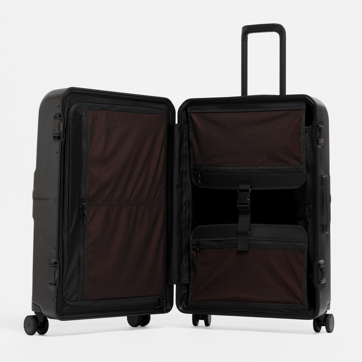 A studio shot of the Hardshell Pro 95L in All Black standing and open