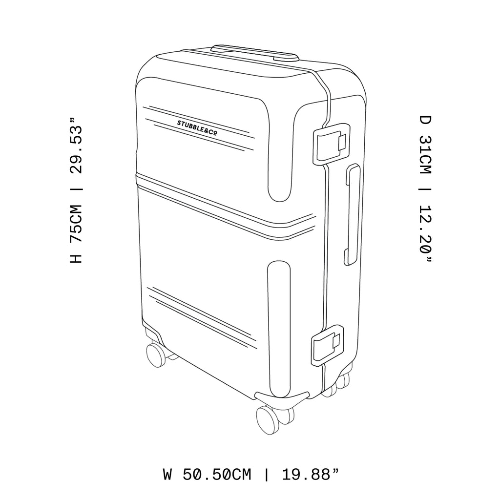 Black and white line drawing of a hard-shell suitcase with dimension labels