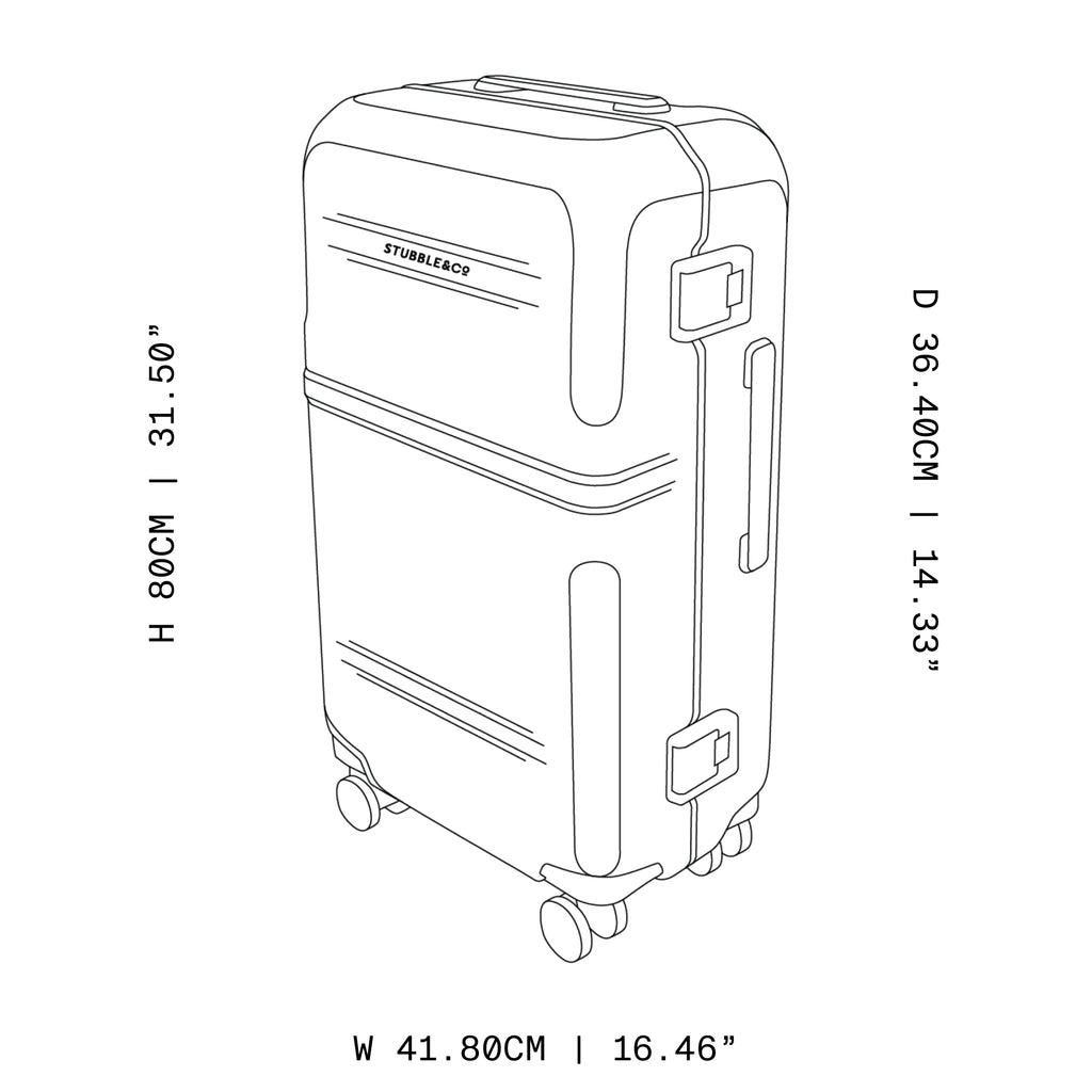 Black and white line drawing of a hard-shell suitcase with dimension labels