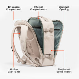 A studio shot of the clamshell opening and interior pockets on the Tonal Sand Hybrid Backpack 20L with the features annotated