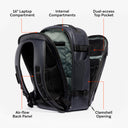 A studio shot of an annotated image of features on the Hybrid Backpack 30L in Midnight Blue