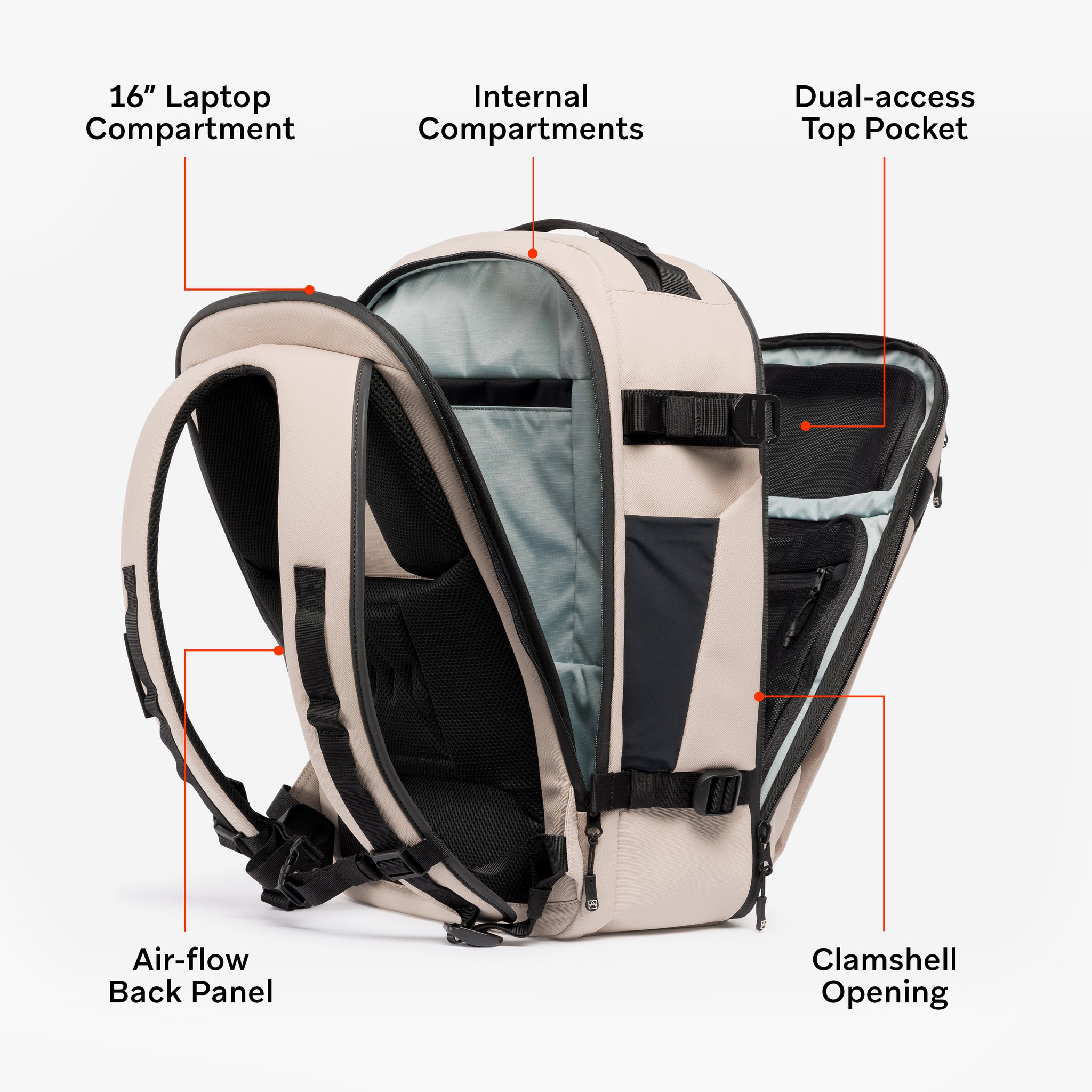 A studio shot of the features of the Hybrid Backpack 30L in Sand annotated