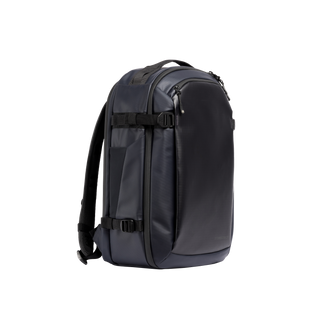 A studio shot of the front and side of a hybrid backpack 30l as cut out transparent PNG-  midnight blue