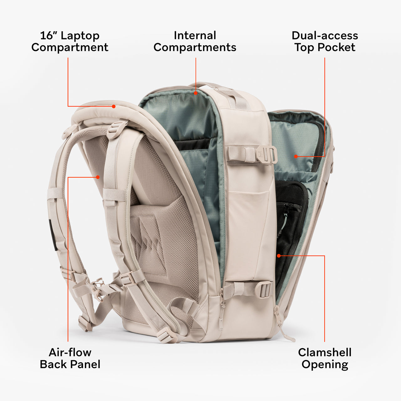 A studio shot of the clamshell opening on the Hybrid Backpack 30L in Tonal Sand with features annotated