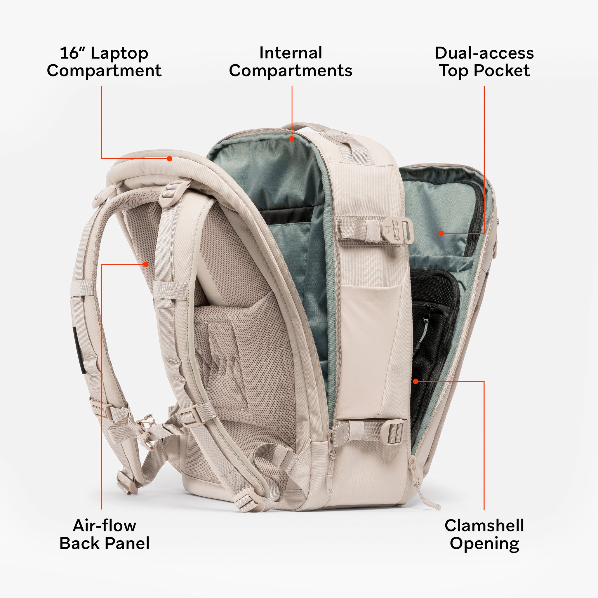 A studio shot of the clamshell opening on the Hybrid Backpack 30L in Tonal Sand with features annotated