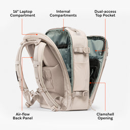 A studio shot of the clamshell opening on the Hybrid Backpack 30L in Tonal Sand with features annotated