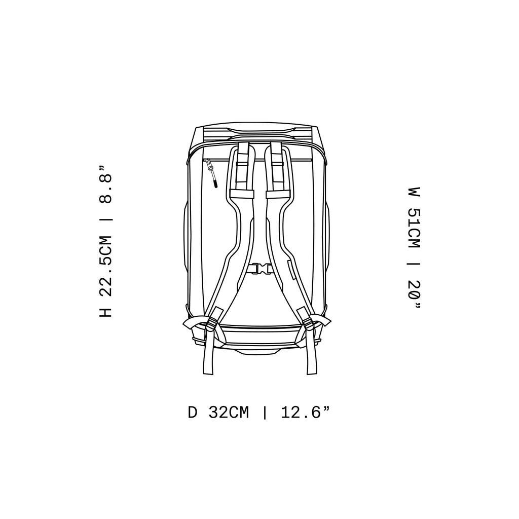 A sketch design of the Kit Bag 30L with the dimensions annotated