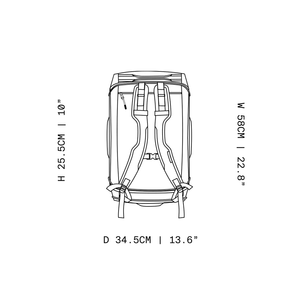 A sketch design of the Kit Bag 40L with the dimensions annotated