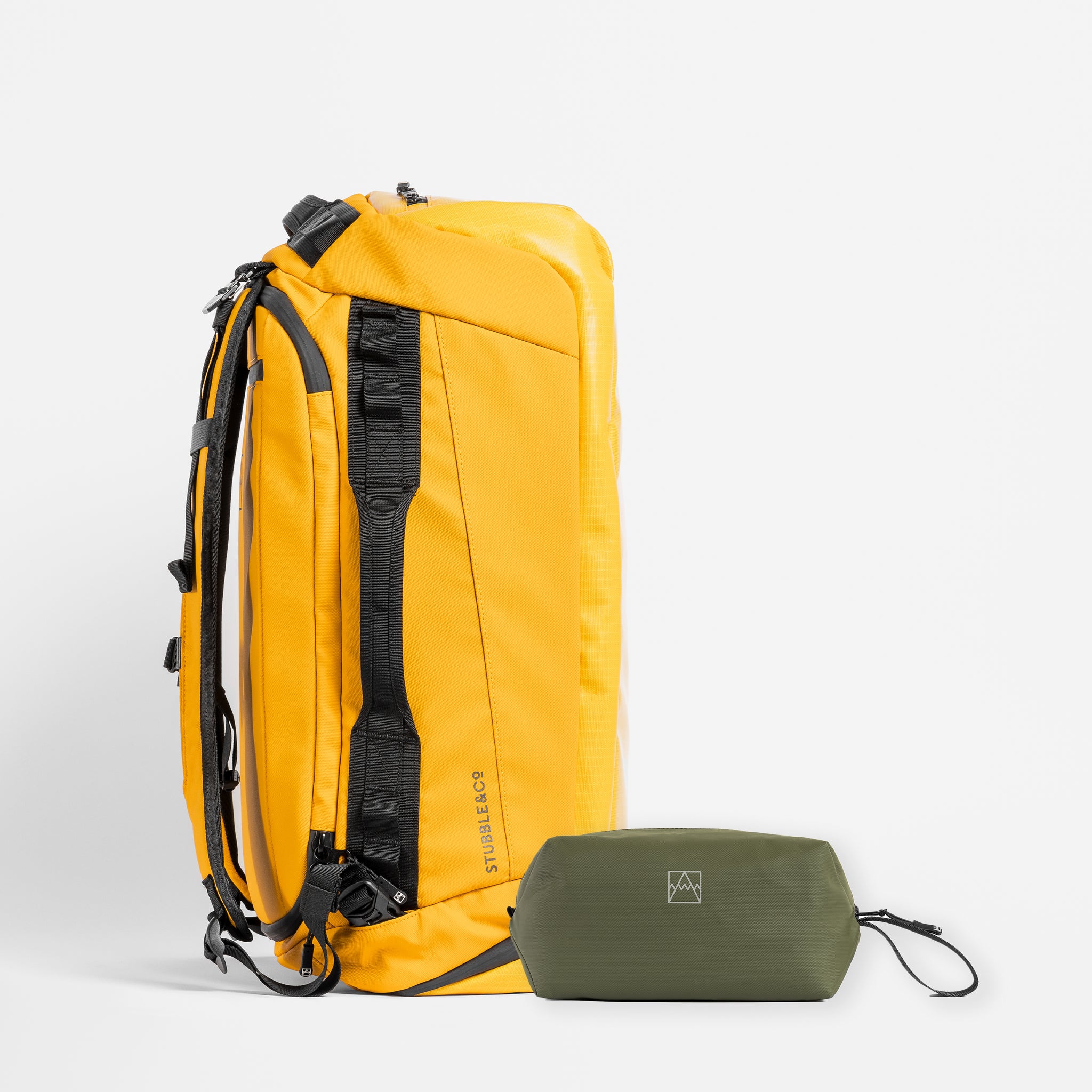 A studio shot of the Kit Bag 40L Yellow / Urban Green Wash Bag bundle