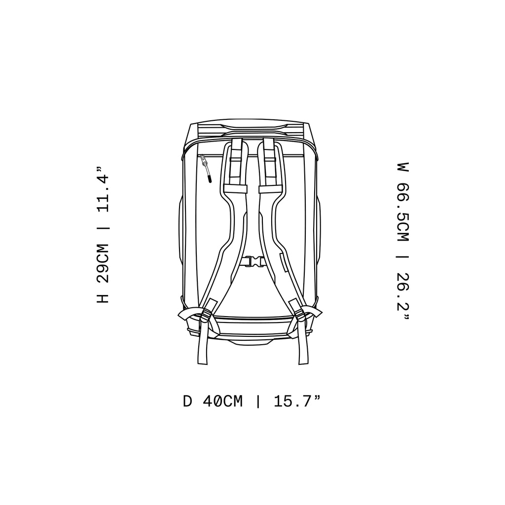 A sketch design of the Kit Bag 65L with the dimensions annotated