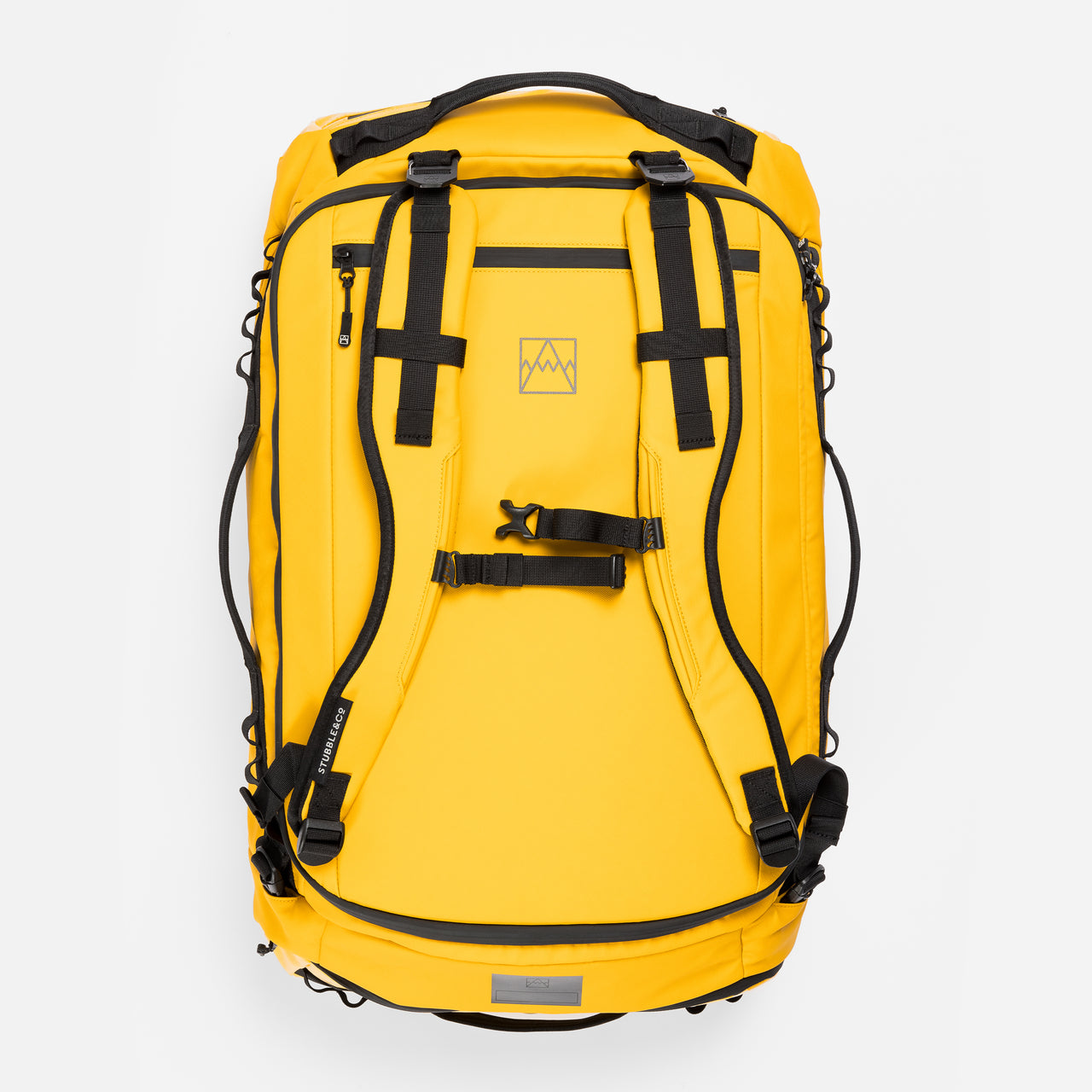 A studio shot of the shoulder straps and back panel on the Kit Bag 65L in Yellow