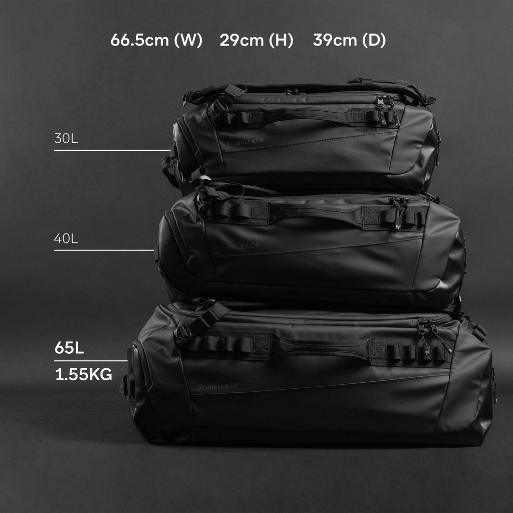 a studio shot of a kit bag 65ll with the dimensions annotated.