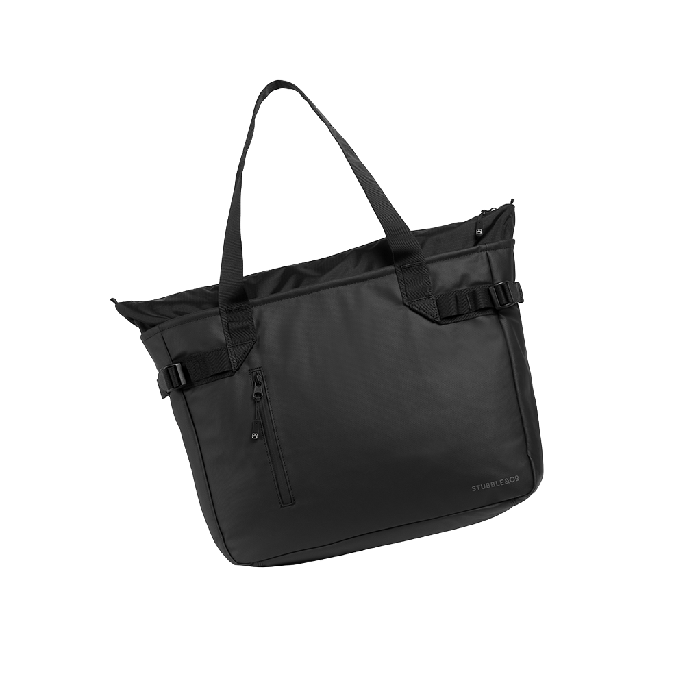 The Laptop Tote 20L in All Black at a side angle