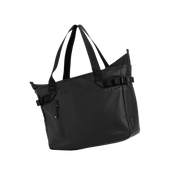 A studio shot of the front and side of a laptop tote 20l as cut out transparent PNG- black