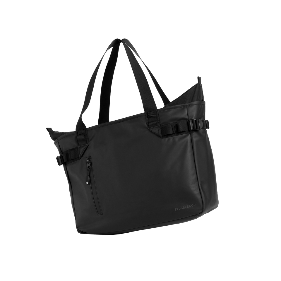 A studio shot of the front and side of a laptop tote 20l as cut out transparent PNG- black