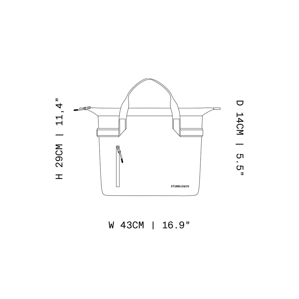 A sketch design of the laptop tote 20L with the dimensions annotated
