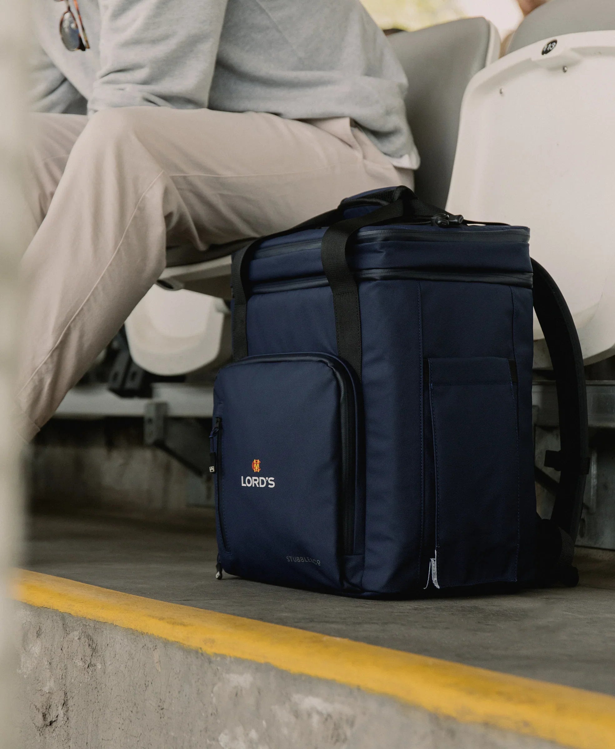 Navy cooler backpack at Lords cricket ground