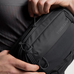 A close up studio shot of the ergonomic zips on the Charcoal, Ash and Magma Motion Sling 4L