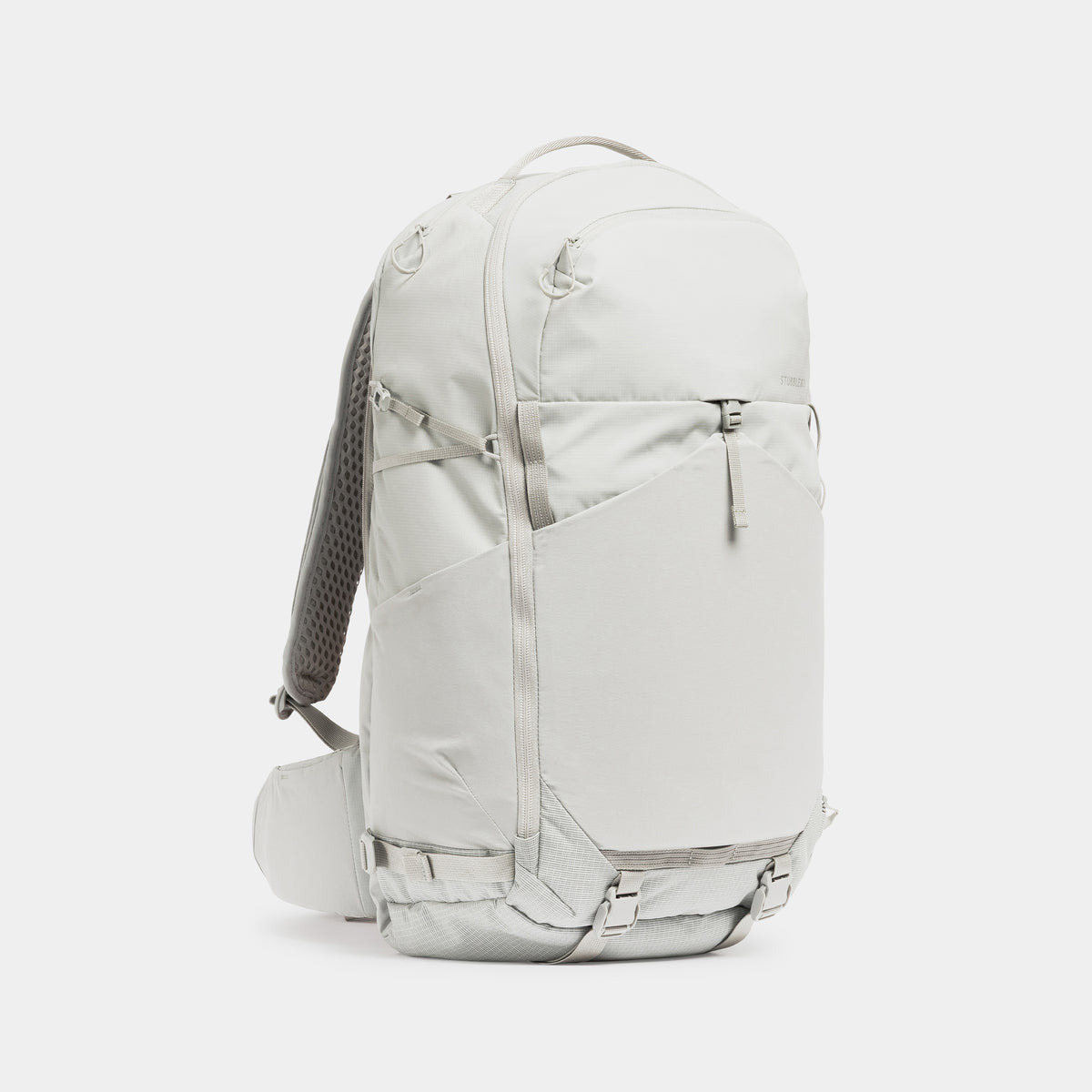 Motion Adventure Pack 38L in Ash, front angle with straps tucked away.
