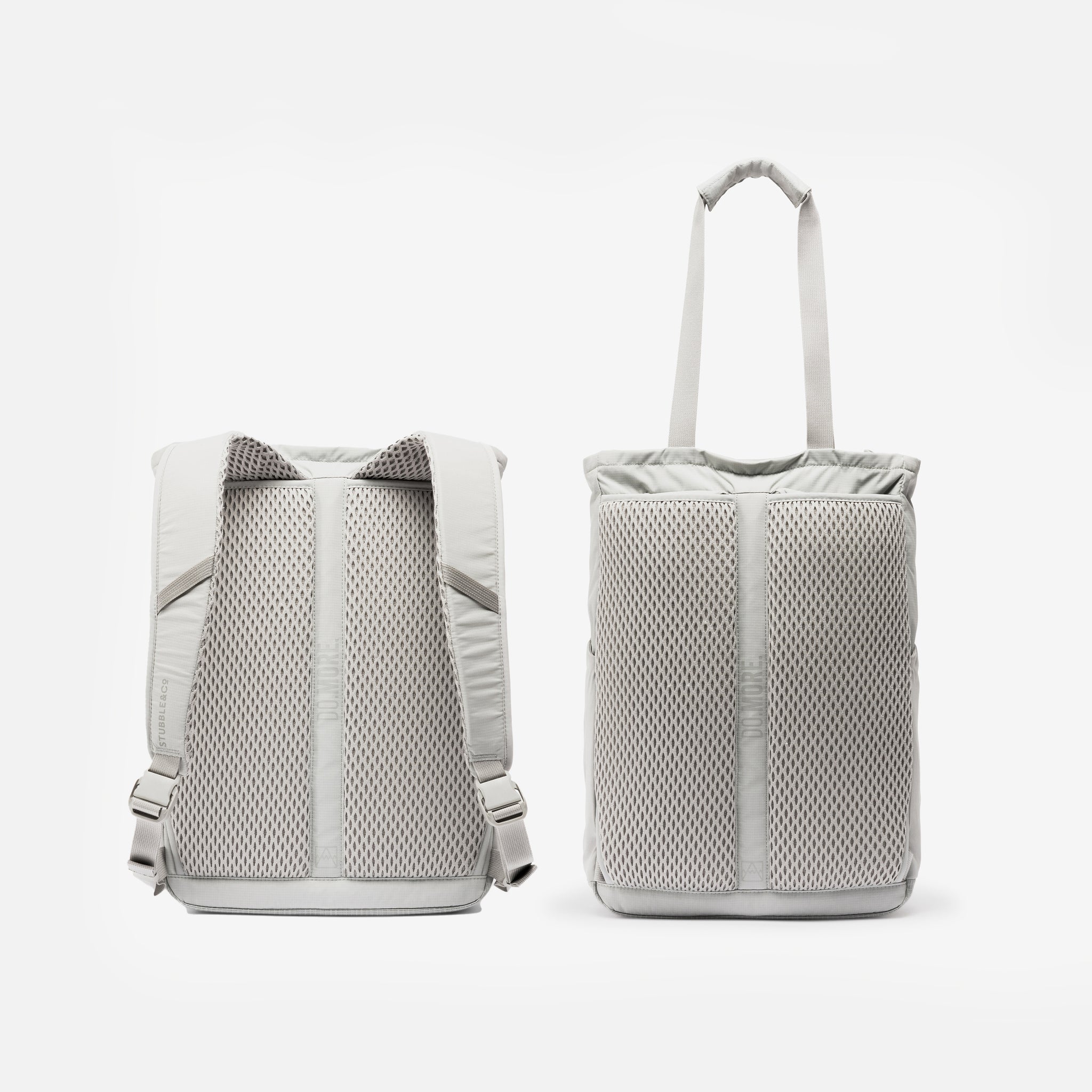 A studio shot of the back panel on the Ash Motion Tote Pack 18L showing the backpack straps and tote bag straps