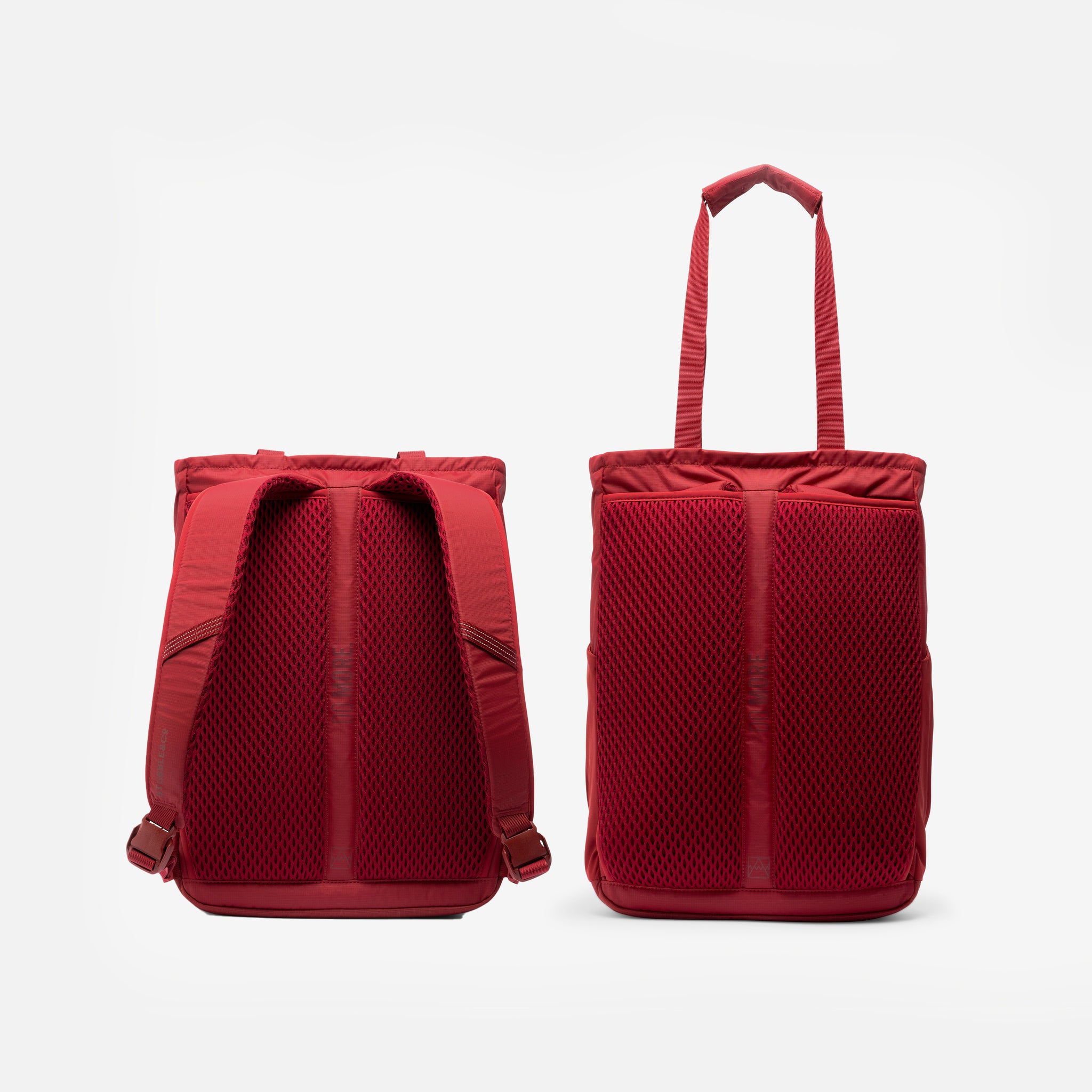 A studio shot showing the back panel of the Magma Motion Tote Pack 18L with the straps up as a tote bag and the shoudler straps as a backpack