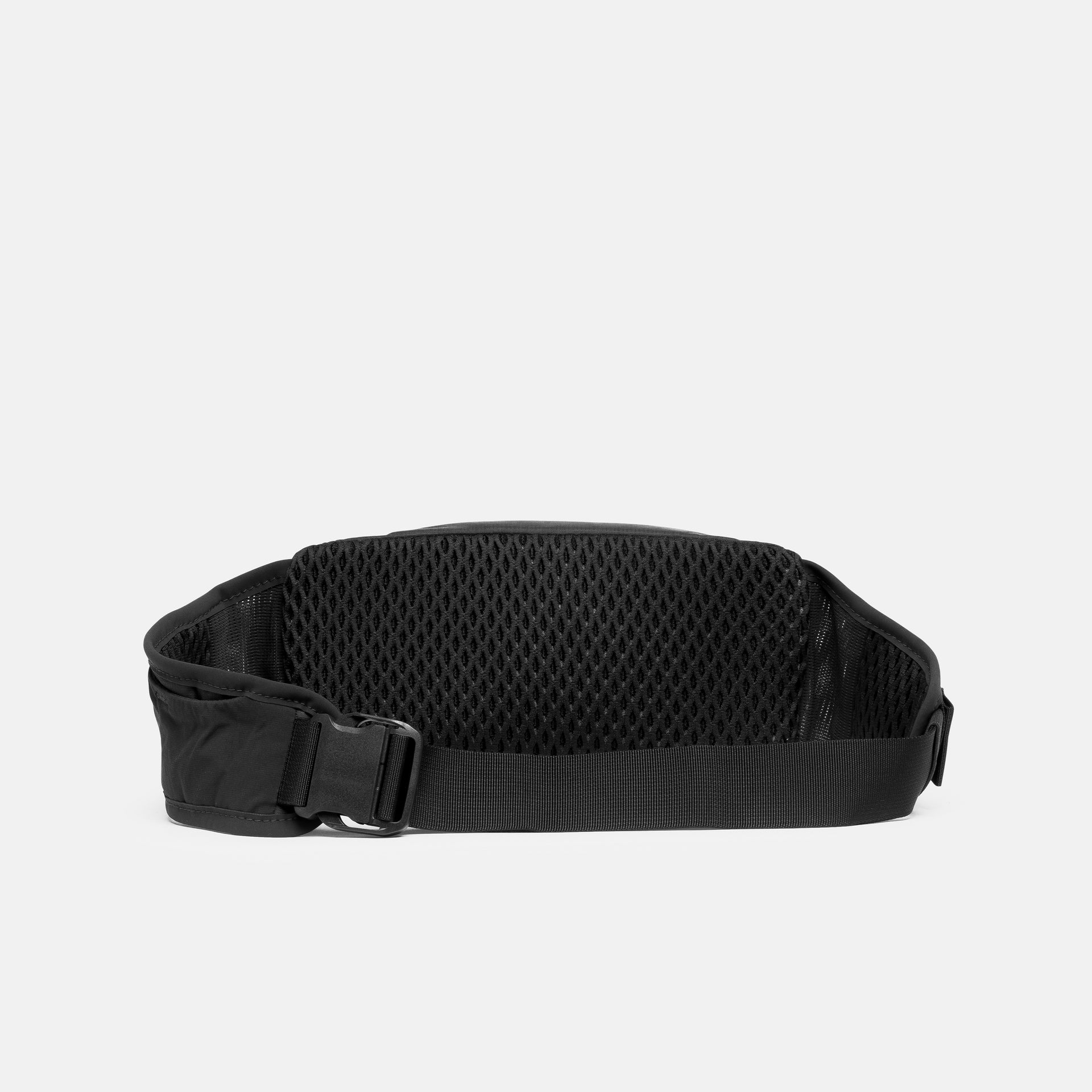 A studio shot of the back and quick release clips on the Charcoal Motion Waist Pack 2L