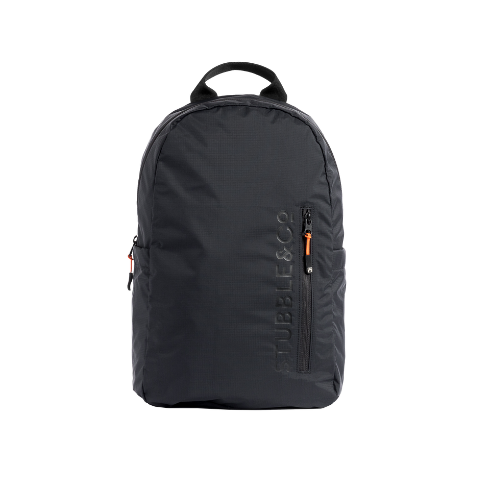 A studio shot of the front and side of a Packable Backpack as cut out transparent PNG- black