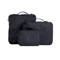 A studio shot of the front and side of a Packing Cube set of 3 as cut out transparent PNG-  black