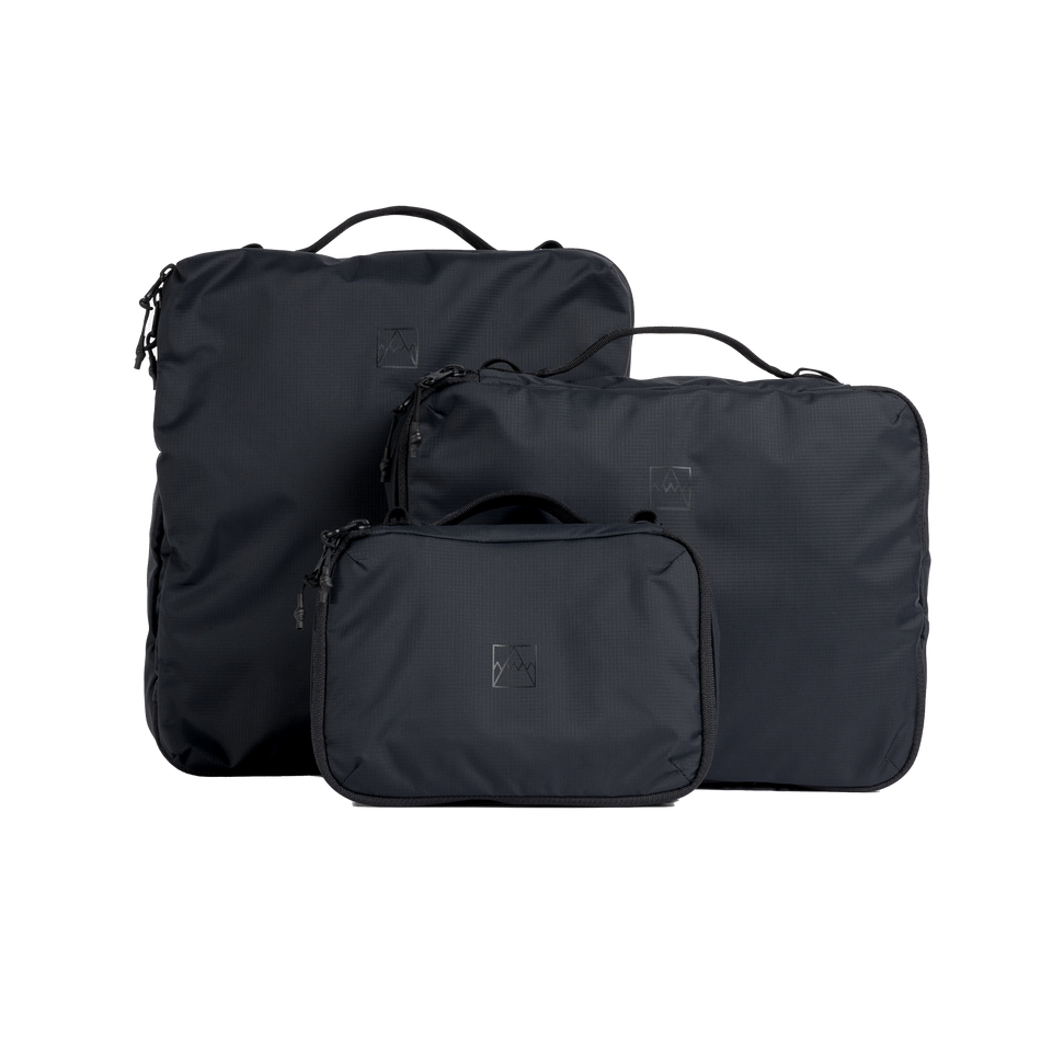 A studio shot of the front and side of a Packing Cube set of 3 as cut out transparent PNG-  black