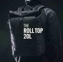 The Roll Top 20L Backpack in All Black showing product features and benefits, also in Tasmin Blue, Urban Green, Concrete, Arctic White, Sand, Ember Orange