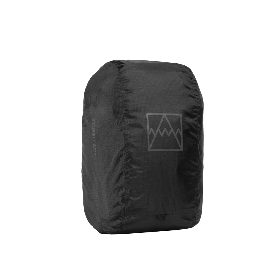 A studio shot of the front and side of an rain cover as cut out transparent PNG- black