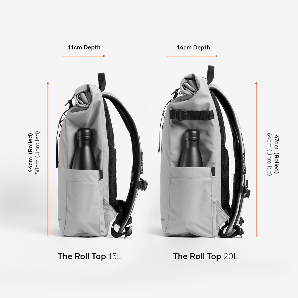 Side by side size comparison of the Roll Top 20l and Roll Top 15l backpack