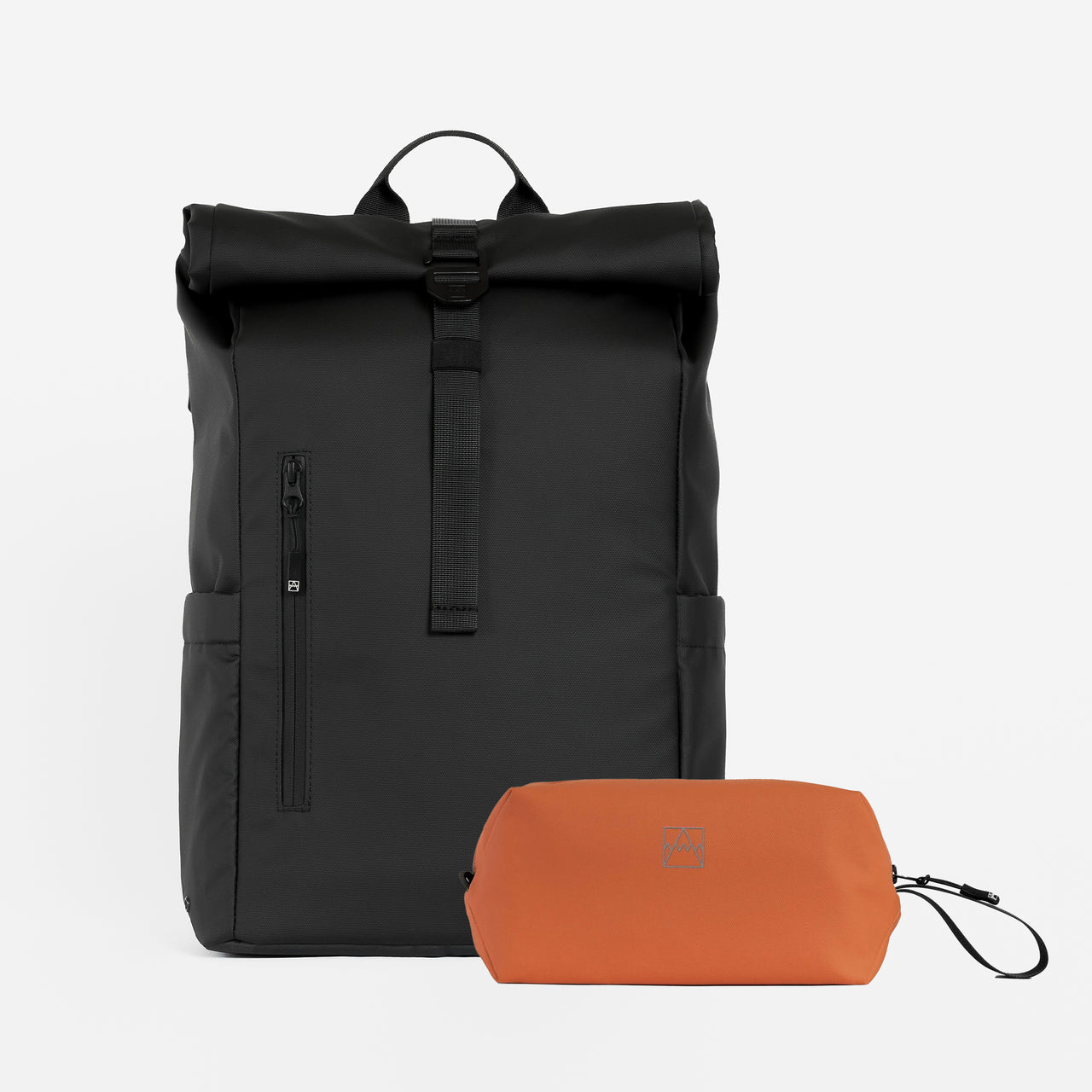 A studio shot of a Roll Top 15L All Black / Rust Wash bag bundle