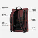 A studio shot of the back panel of the Roll Top 15L with feature annotated in Garnet Red
