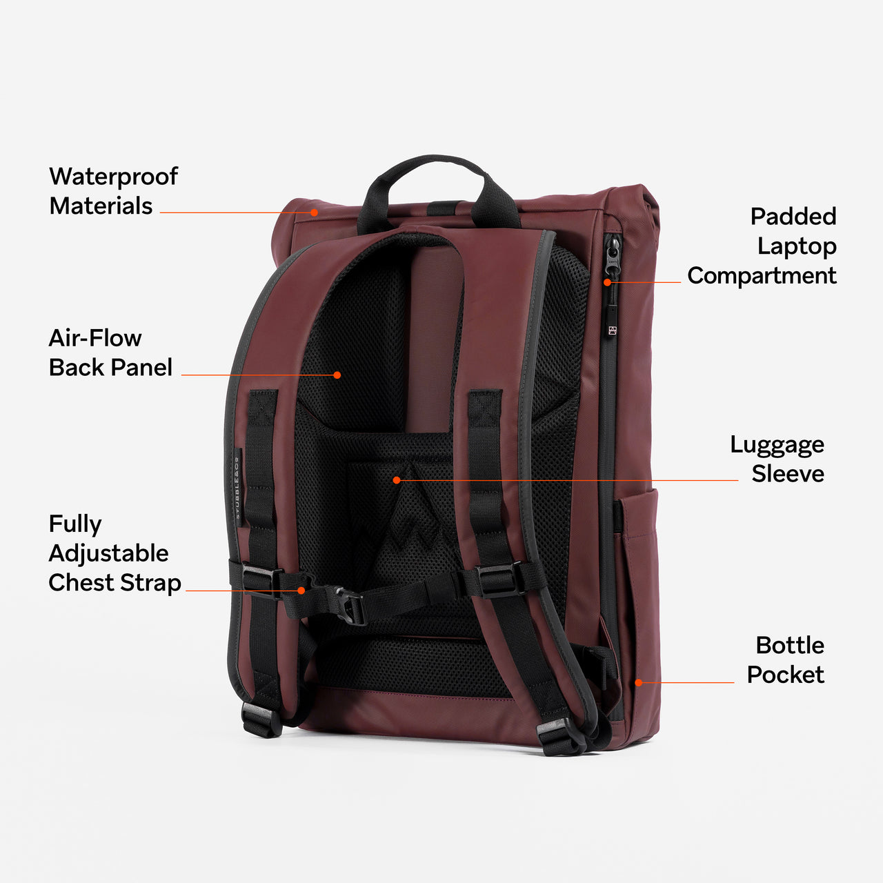 A studio shot of the back panel of the Roll Top 15L with feature annotated in Garnet Red