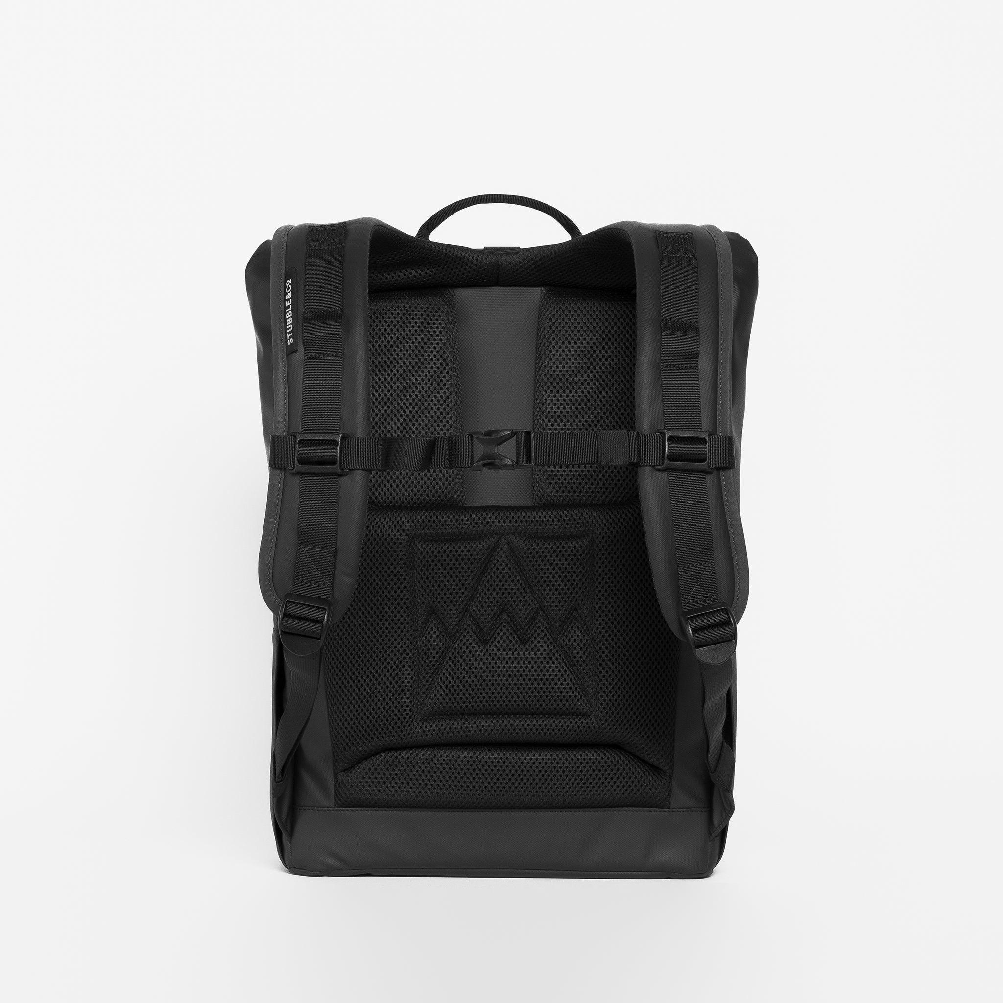 The studio shot of Roll Top 15L in All Black showing the breathable back panel and adjustable straps