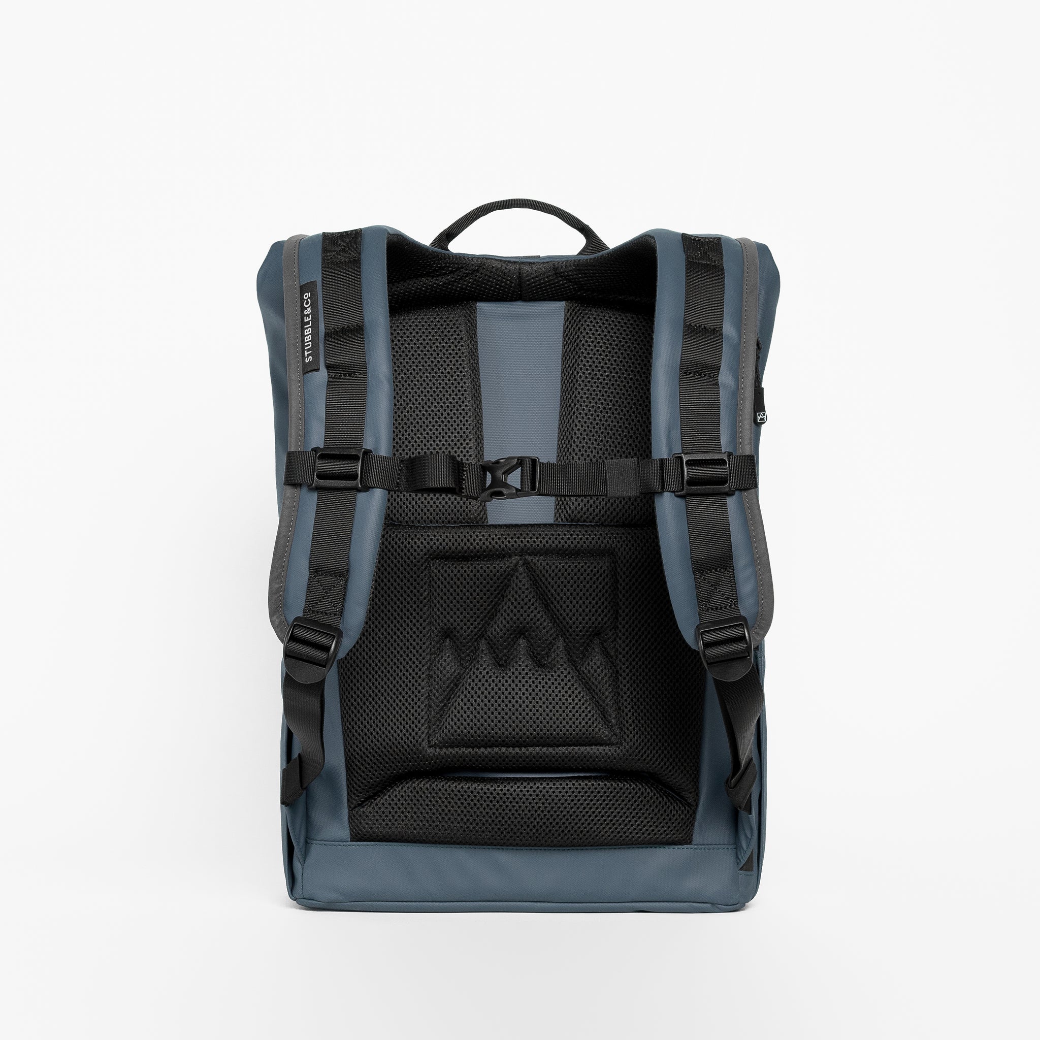 A studio shot of the adjustable chest straps and shoulder straps on the Tasmin Blue on the Roll Top 15L