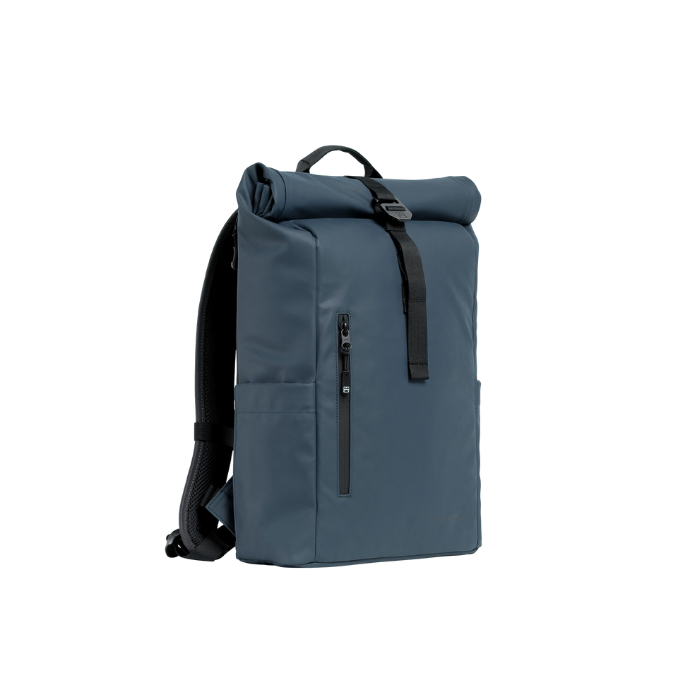 A studio shot of the front and side of a Roll Top 15L as cut out transparent PNG- blue