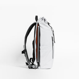 Side view of The Roll Top 15L in Arctic White with laptop pocket