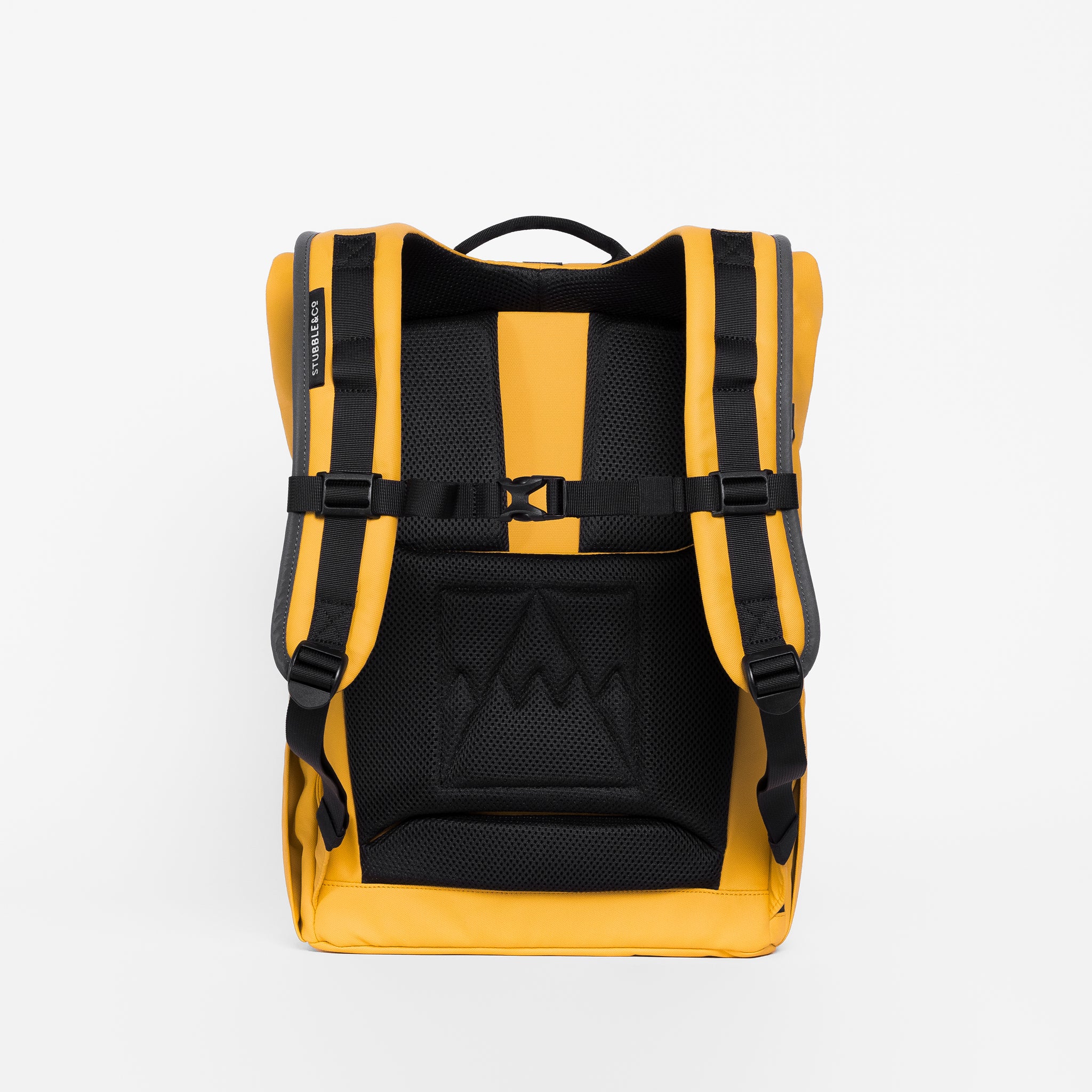 A studio shot of the back panel on the Yellow Roll Top 15L